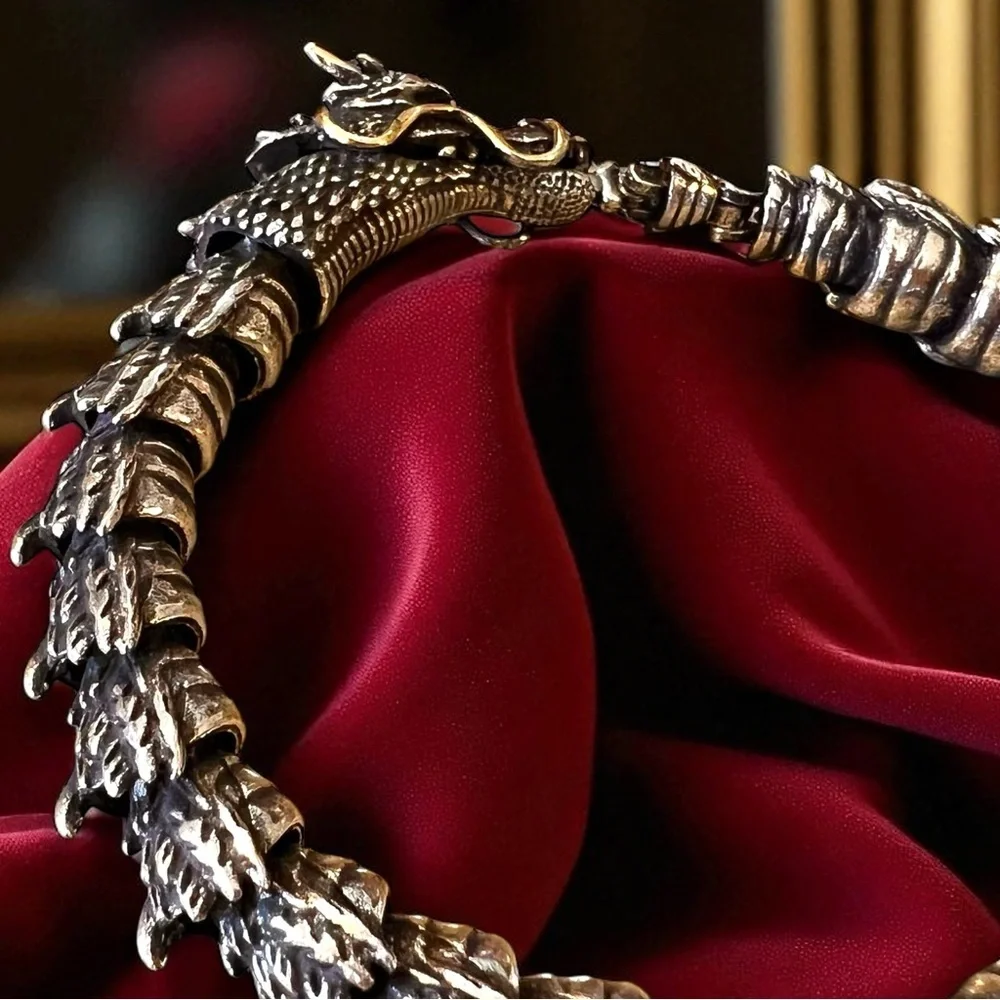 Bold Silver and Brass Toned Ouroboros Blue Eyed Dragon Bracelet 8.5”